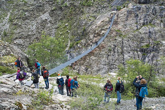 Die Gruppe unterwegs von der Belalp über die Hängebrücke der Masseschlucht.