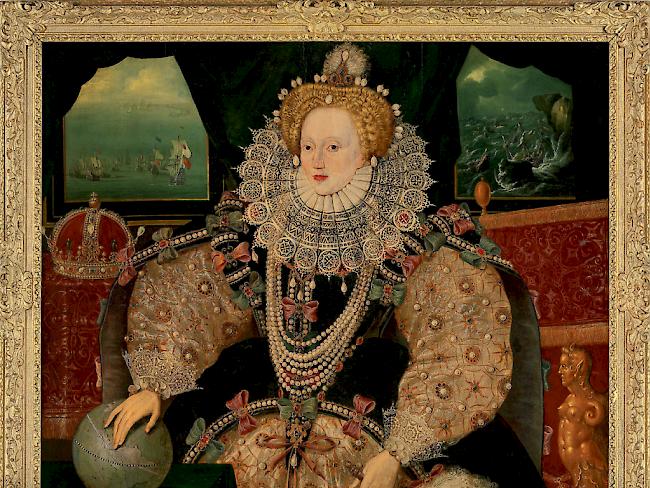 Das Porträt zeigt die englische Königin Elizabeth I. vor dem Hintergrund des Untergangs der spanischen Armada.
