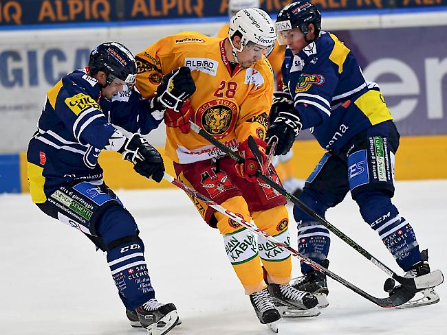 Tigers-Spieler Yannick-Lennart Albrecht im Sandwich zwischen Janne Pesonen und Peter Guggisberg