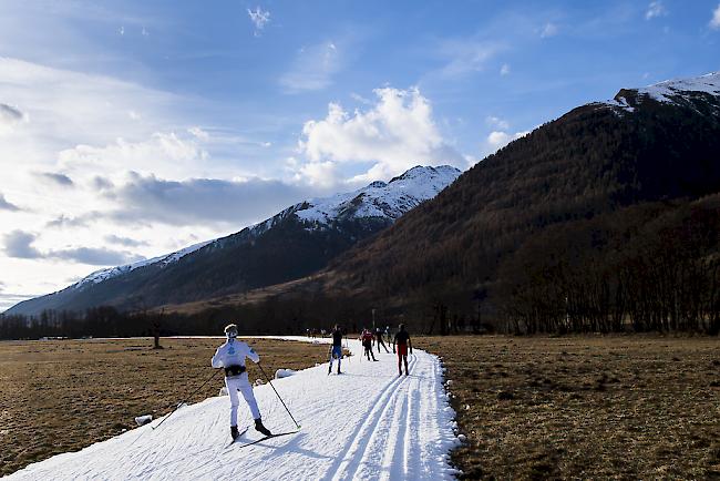 Präparierte Loipe im Goms. Ein weisser Streifen in der Landschaft.