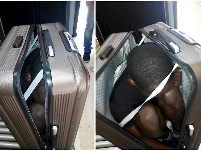 In einen Koffer gezwängt wollte ein junger Flüchtling aus Gabun in die EU gelangen. (Fotos: Spanische Polizei)