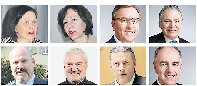 Stehen Rede und Antwort. Esther Waeber-Kalbermatten, Sigrid Fischer-Willa, Roberto Schmidt, Jacques Melly, Claude Pottier, Jean-Michel Bovin, Oskar Freysinger, und Christophe Darbellay (oben von links).