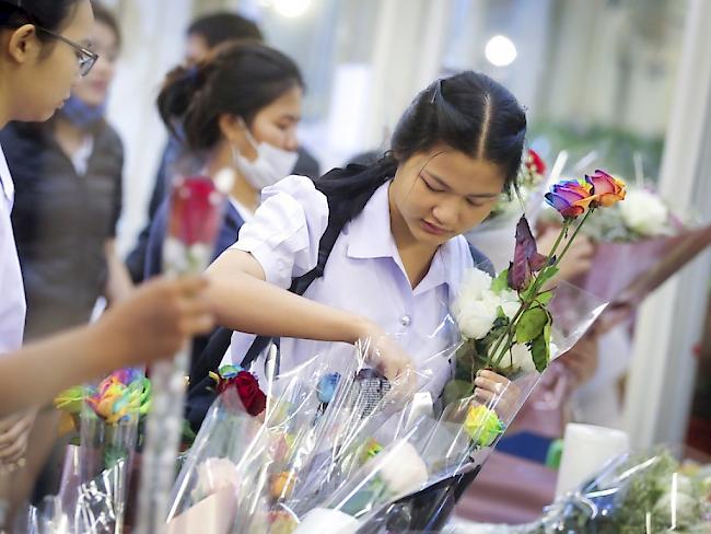 Zum Valentinstag: Eine junge Studentin kauft farbige Rosen in Bangkok.