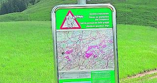 Besucherlenktafeln informieren, in welchen 
Gebieten es Herdenschutzhunde gibt.