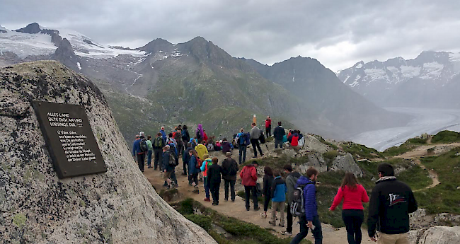 Wandern in die Dämmerung hinein: Unterwegs oberhalb in der Aletsch-Arena.