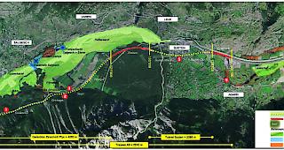 Gesamt&uuml;bersicht. 1) Gedeckter Einschnitt Pfyn im Bereich des M&ouml;rdersteins. 2) Technisches Lokal auf dem gedeckten Einschnitt Pfyn. 3) Gedeckter Einschnitt im Bereich Seeli. 4) Neue Wasserfassung Leukerfeldbach. 5) Tunnel Susten.  