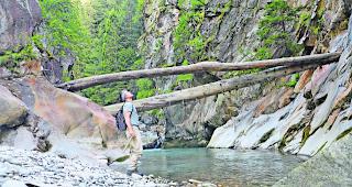 Feldarbeit. Roger Zurbriggen unterwegs in der Schlucht der Binna: Er berichtet &uuml;ber die Ausserbinner Gneise.  