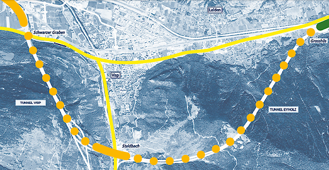 Mit der Eröffnung des Tunnels (rechts im Bild) geht ein Teil der Visper Südumfahrung auf.