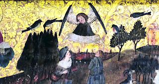 Hie gseet me Hirte auf dum F&auml;&auml;ld, unner ine viliicht &ouml;i iische Hirt mit schiine g&uuml;ete Ideene &ndash; waa de &auml;ndli kei Narr mee ischt. Ds Bild het der Domherr Josef Sarbach in der Basilika z Valeria/Sittu gmacht. Gmaalet heint sches uf Goldgrund um 1440 naa Chrischti Giburt. 