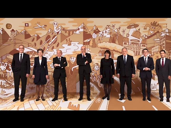 Das von MICHEL FR entworfene Hintergrundbild im neuen Bundesratsfoto soll die grosse Vielfalt der kleinen Schweiz aufzeigen.
