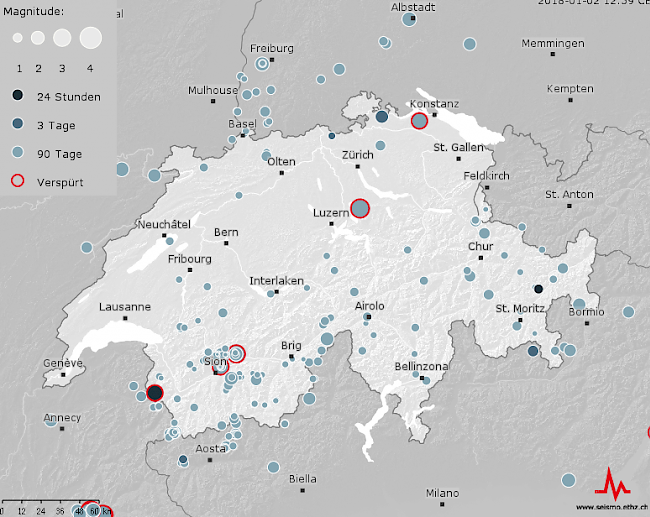 Überblick: Alle registrierten Erdbeben in der Schweiz und im grenznahen Ausland in den letzten 90 Tagen.