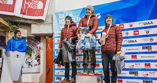 Das Podest der Damen der Nationalen Meisterschaften im Eisklettern in Saas-Fee