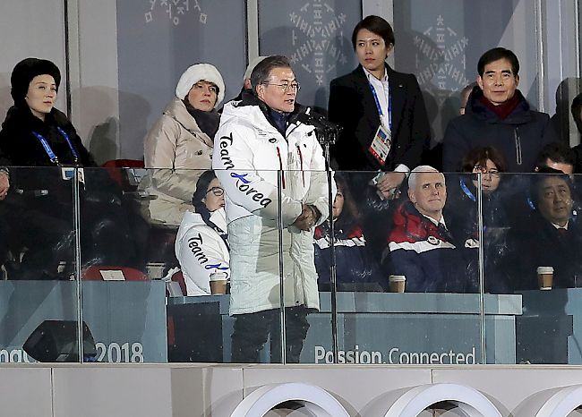 Das südkoreanische Staatsoberhaupt Moon Jae-In richtet seine Worte an die Anwesenden.