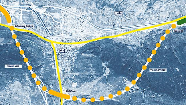 Die Südumfahrung von Visp. Nach Vollendung des A9-Teilstücks im Raum Visp wird der Verkehr durch zwei Tunnels geführt. Der östlich gelegene Tunnel Eyholz (rechts im Bild) soll nun im April eröffnet werden, während die Bauarbeiten am Tunnel Visp noch ein paar Jahre andauern.