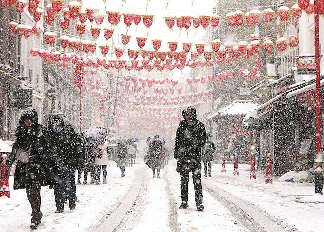 Schneegestöber im Londoner Chinatown