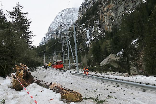 Angestellte der MGBahn reparierten am Montag die durch herumfliegende Bäume zerstörte Fahrleitung.