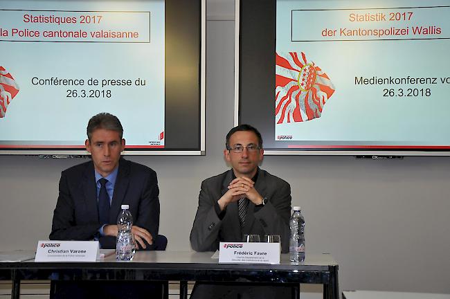 Christian Varone, Kommandant der Kapo Wallis, und Staatsrat Frédéric Favre (von links) präsentierten die Polizeistatistik 2017.