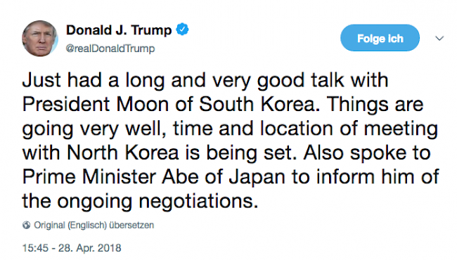 Via Twitter verkündete Trump, dass Zeit und Ort für ein Treffen fest stehen.