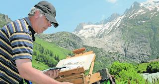 Unerm&uuml;dlich. Marcel Hischier  &ndash;  hier beim Malen in Gletsch: Die kommende Ausstellung in Gampel-Bratsch ist seine 35. Werkschau.  