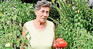 Helene Br&uuml;gger aus Naters mit ihrer 1080 Gramm schweren Riesen-Tomate.