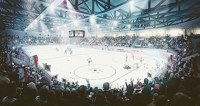 Der Videowürfel am Dach der Lonza Arena wird eine halbe Million Franken kosten.Fotomontage zvg