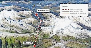 Vom Goms ins Haslital. Der 21,7 Kilometer lange Grimseltunnel w&uuml;rde &uuml;ber zus&auml;tzliche Haltestellen in Guttannen und Handeck verf&uuml;gen. 