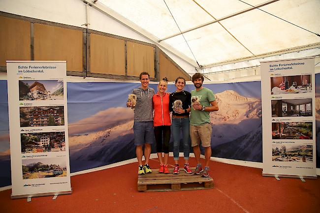 Die Tagesschnellsten am diesjährigen Magic Run Event im Lötschental (v.l.):  Lukas Marti (10 km), Simone Troxler (Halbmarathon), Sabine Kuonen (10km) und Matthias Imsand (Halbmarathon). 