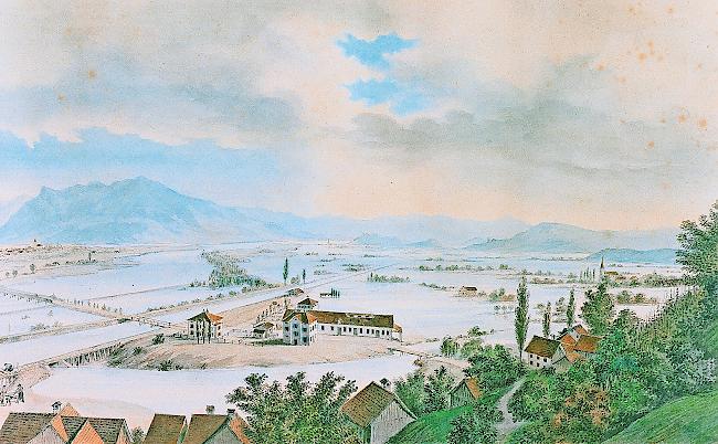 Imposant. Die Überschwemmung von 1868 bei Au, St. Gallen.Aquarell Staatsarchiv St. Gallen