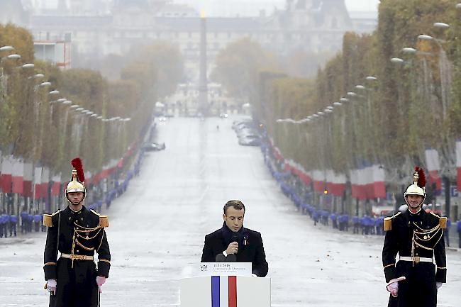 Gedenkfeier. Der französische Präsident Emmanuel Macron anlässlich einer Ansprache vor dem Pariser Triumphbogen.