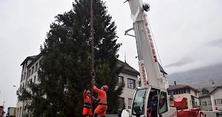 Aufstellarbeiten des Weihnachtsbaums auf dem Stadtplatz.