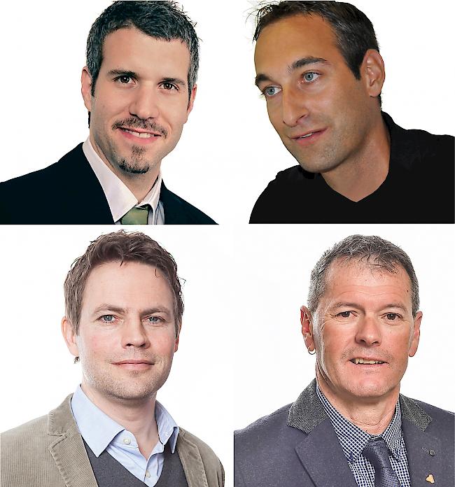 Podiumsgäste auf der Bettmeralp: Raoul Calame, Geschäftsführer bei der Aletsch Arena AG, Gletscherexperte David Volken (v.l. oben). Sowie Daniel Müller-Jentsch von Avenir Suisse und Peter Schwitter, Sicherheitsexperte Region Aletsch (v.l. unten).