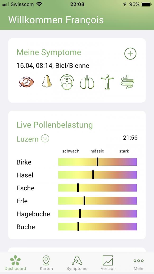 Die App «Ally Science» gibt Auskunft über Pollenbelastung.