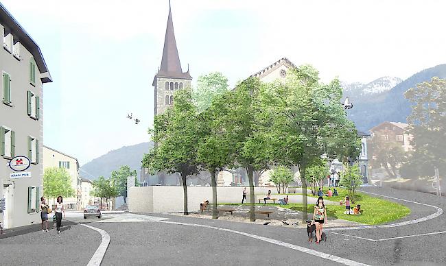 Blick vom Westen aus auf den Dorfplatz mit dem Garten Joseph Escher und der Wallfahrtskirche.