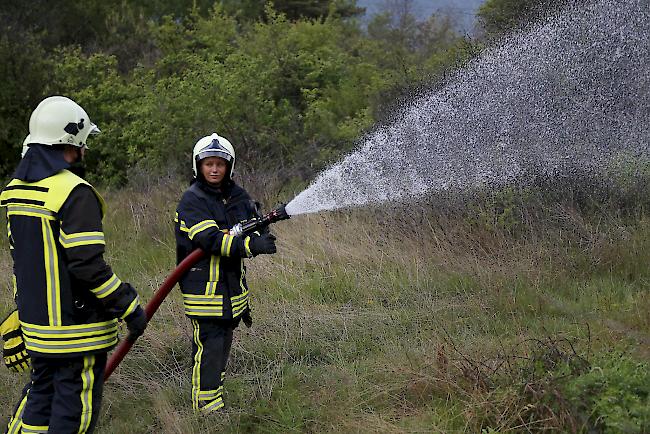 Die Feuerwehrleute verhindern ein Ausbreiten der Flammen. 