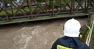 Ein Feuerwehrmann schaut in Monthey auf die SBB-Bahnlinie, die den Rhone-Nebenfluss Vi&egrave;ze &uuml;berquert. (Archivbild von 2015)