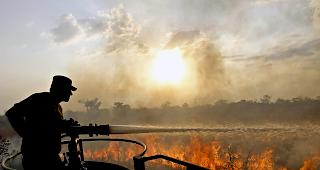 Ein Soldat versucht bei Br&auml;nden in Brasilien ein Feuer zu l&ouml;schen. (Archivbild)