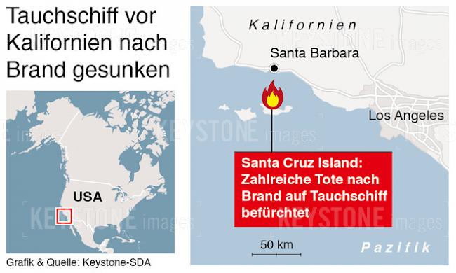 Lokalisierungskarte zum Bootsfeuer vor der kalifornischer Küste.