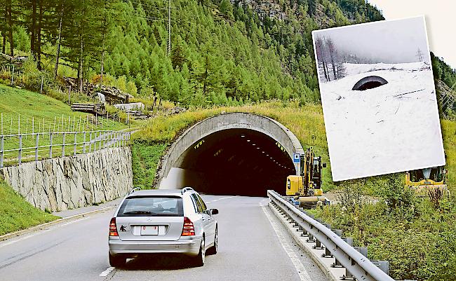 Der Lawinenschutzdamm soll verhindern, dass die Strasse zwischen Täsch und Zermatt im Gebiet «Täschwang» wie im Jahr 2014 verschüttet wird (siehe kleines Bild).