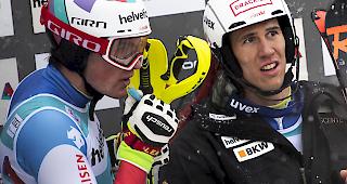Die Walliser-Fraktion: Ramon Zenh&auml;usern und Daniel Yule (links). Reissen die Schweizer wieder mal etwas beim Wengen-Slalom? Der erste Lauf beginnt um 10.15 Uhr. (Archivbild)