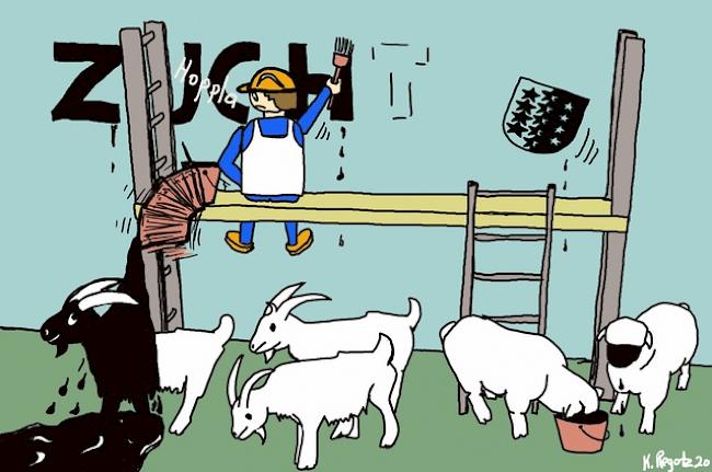 Die Ziegenzüchter sind sich in die Haare geraten. Erklärungsversuch von Karikaturist Kurt Regotz.