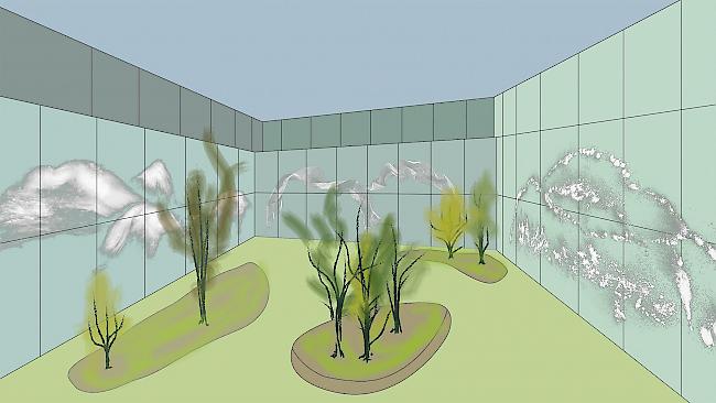 So stellt sich Eric Lanz Glaswand und Innenhof des künftigen Erweiterungsbaus des Spitals Sitten vor.