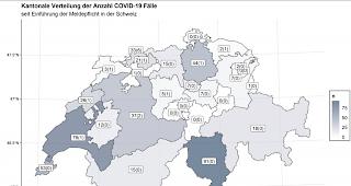  Kantonale Verteilung der Anzahl COVID-19 F&auml;lle seit Einf&uuml;hrung der Meldepflicht in der Schweiz und dem F&uuml;rstentum Liechtenstein: Anzahl best&auml;tigter F&auml;lle
(in Klammern: Anzahl F&auml;lle mit erstem positivem Resultat, Best&auml;tigung ausstehend)