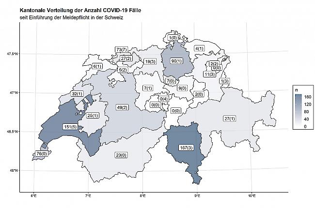 Auf der Grafik sieht man die zuerst die Anzahl bestätigter Fälle und dann in Klammern die Anzahl Fälle mit erstem positivem Resultat, bei denen die Bestätigung noch aussteht.